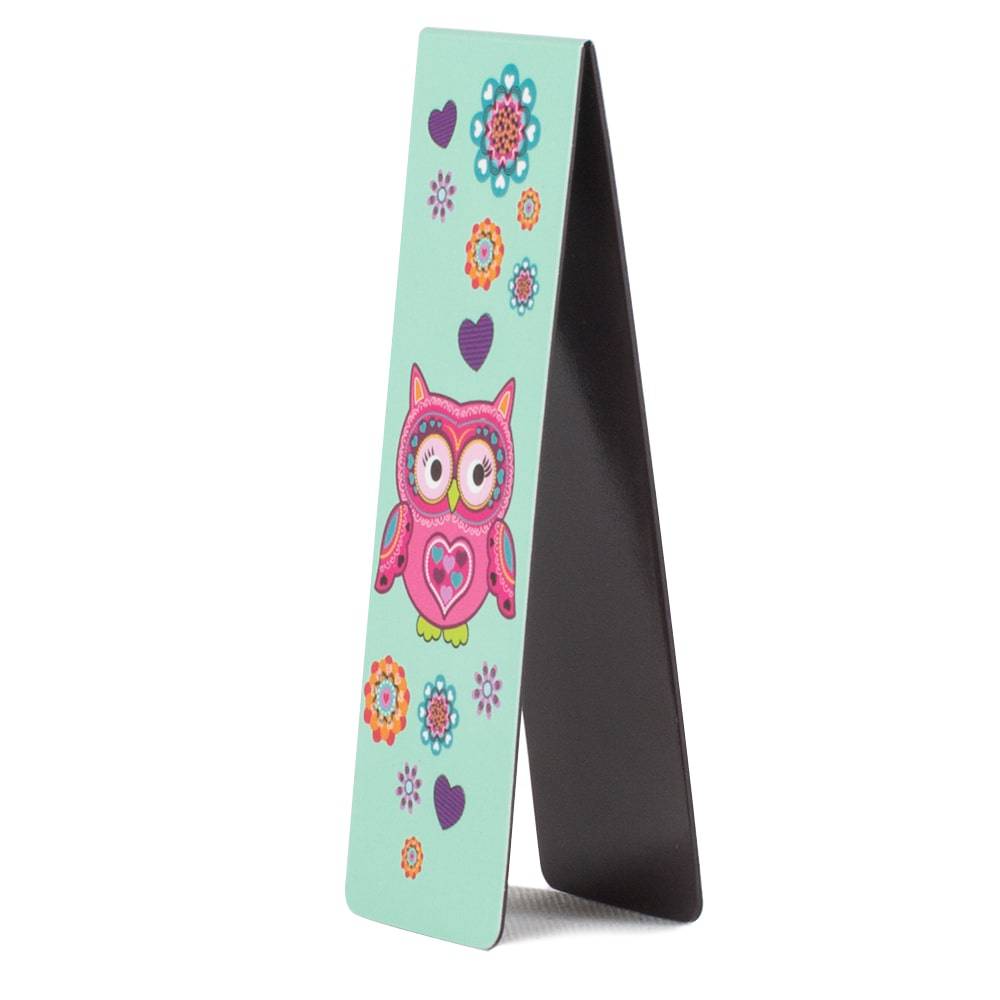 Tinka Magnetisk Bokmerke ‑ Rosa ugle med blomster og hjerter