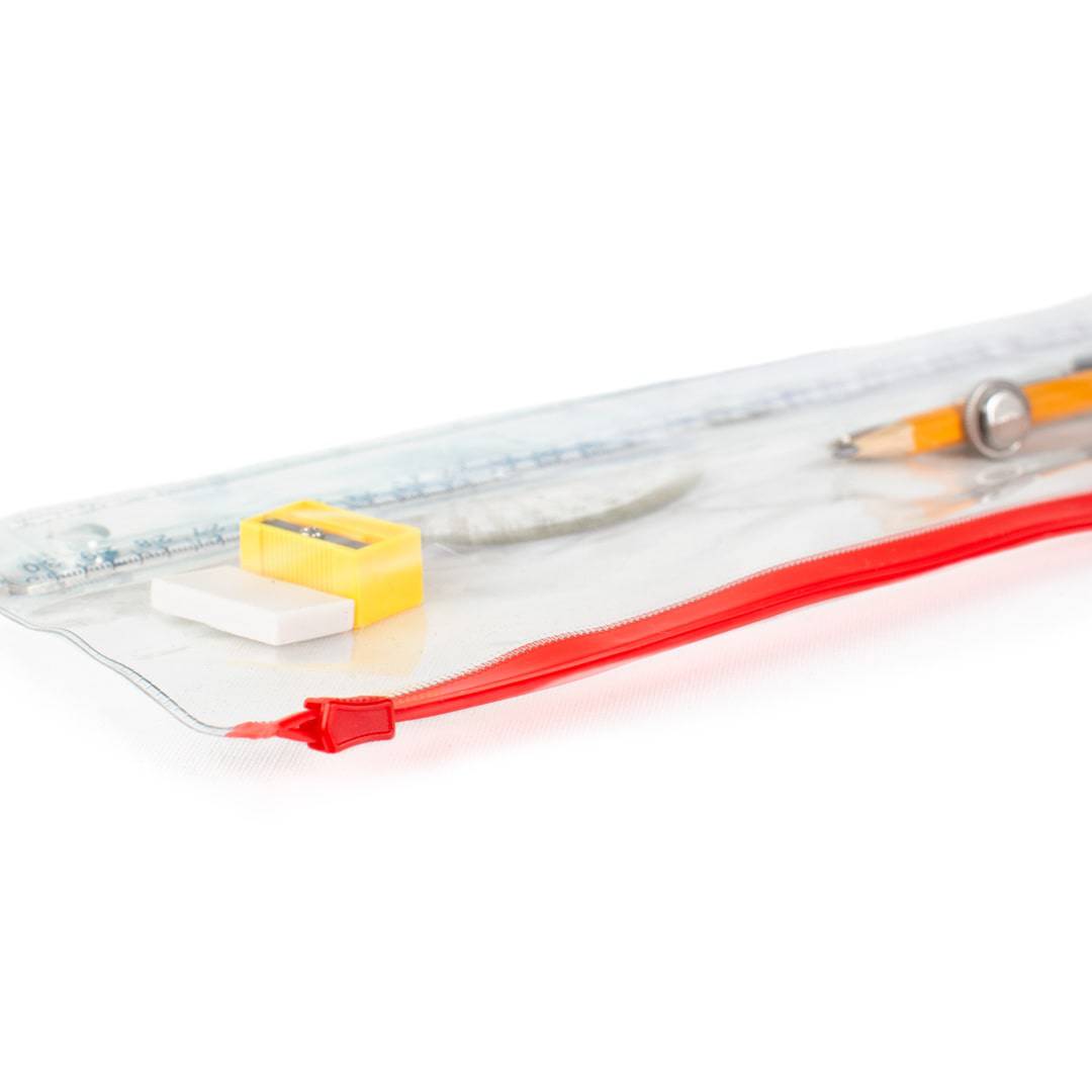 Oxford plastpennal med blyant, passer, linjal og mer.