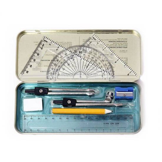 Oxford geometrisett: Etui med blyant, passer, linjal og mer.