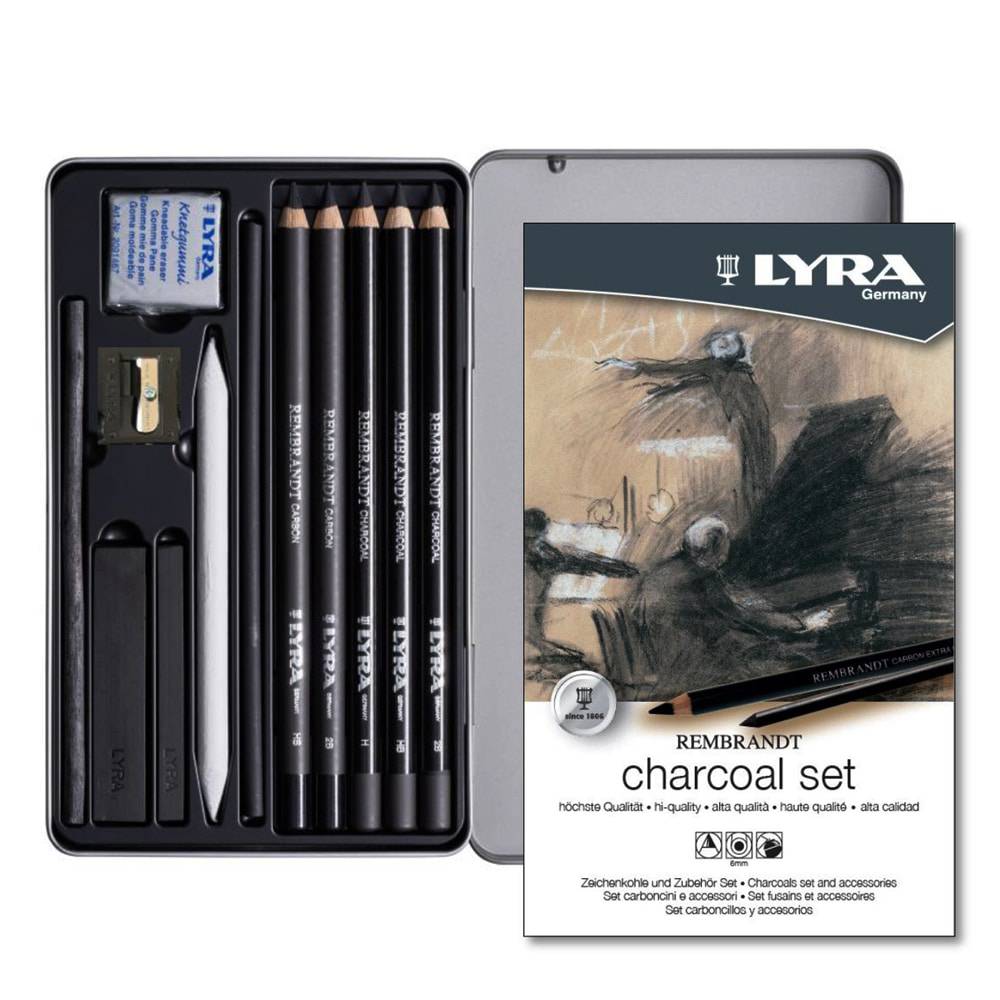 Lyra Charcoal sett ‑ Høykvalitets sett med kullstift i metallboks