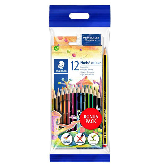 Staedtler Noris Colour Kombipakke ‑ 12 Sekskantede fargeblyanter, HB blyant og visk