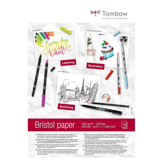 Tombow - Bristol papir 250g A4 for tegning og typografi. Klart hvitt syrefritt ‑ 25 ark 